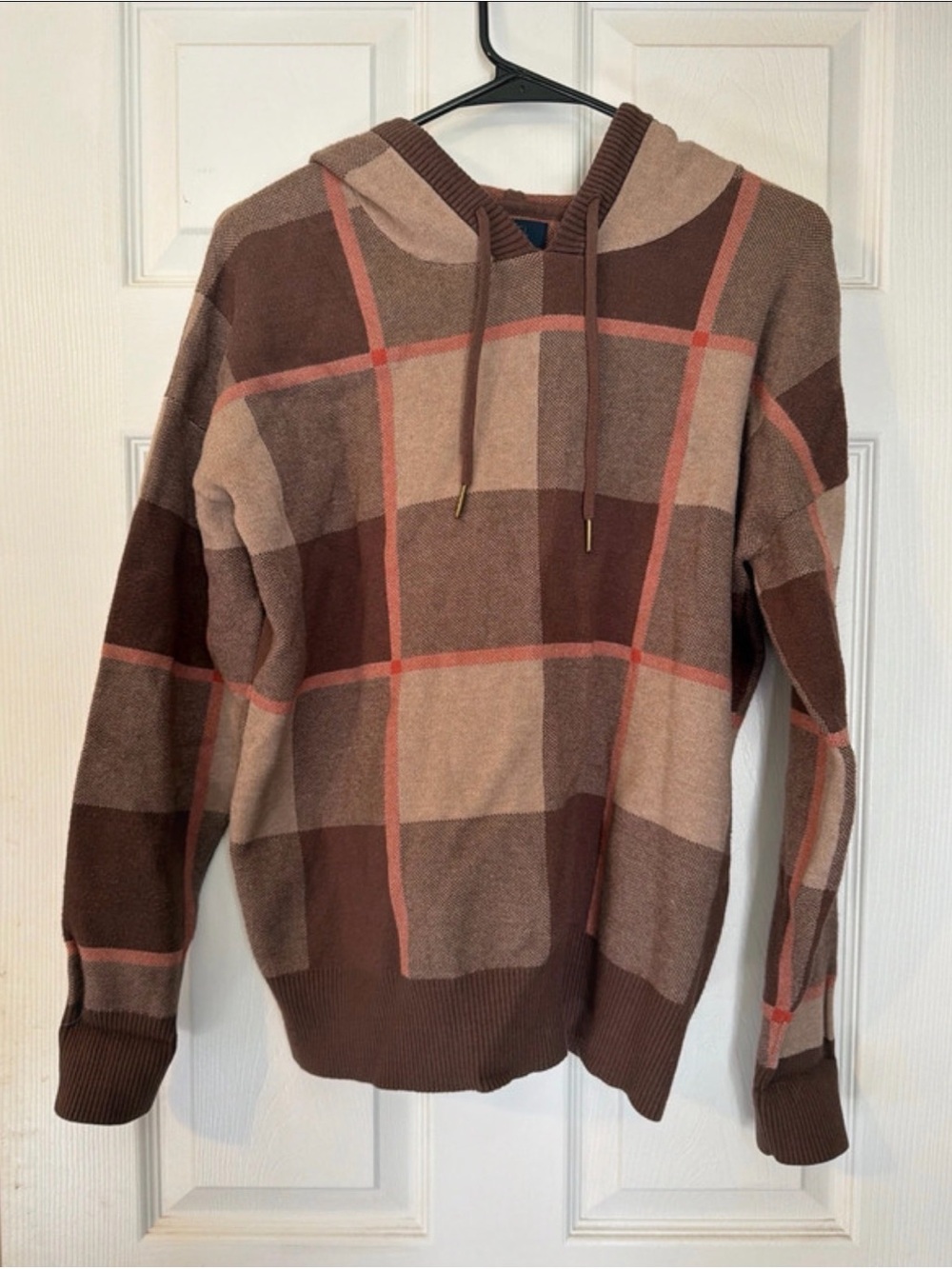 RACHEL Rachel Roy Brown Plaid Crewneck Sweater with Pink Accent